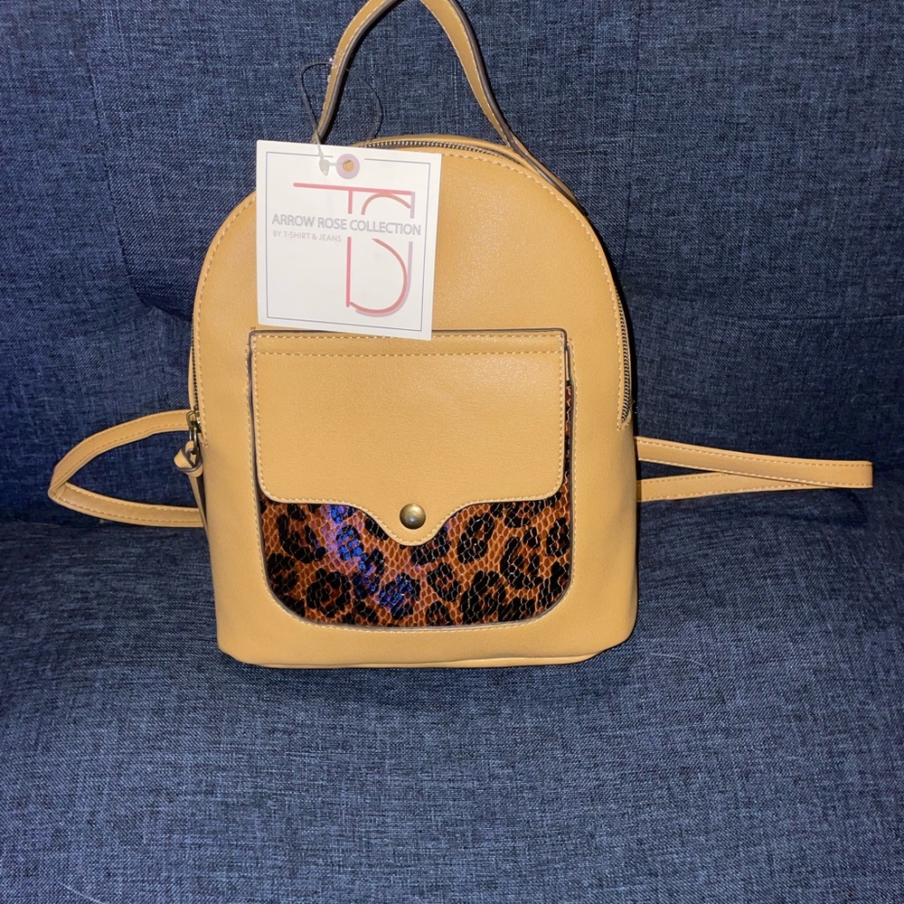 T-Shirt & Jeans Tan and Brown Backpack with Leopard Accent